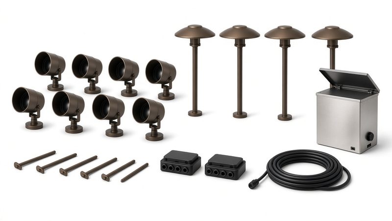 Eight bronze spotlights, four bronze path lights, a slim stainless transformer box and coiled black cable