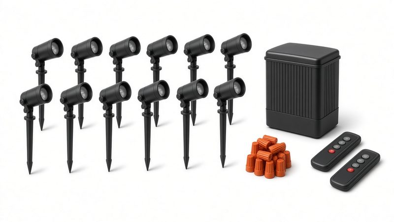 Twelve black landscape spotlights with ground stakes beside a black transformer box and two remotes